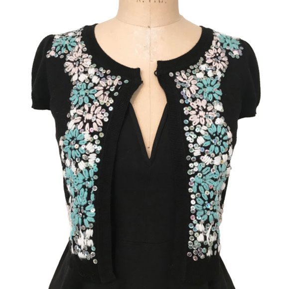 INC Black Bolero Cardigan With Iridescent Sequins & Turq/White Embroidery Size S - Picture 4 of 12